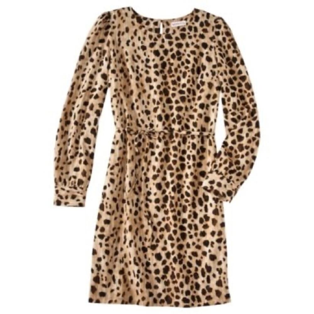 MERONA • Leopard Cheetah Print Belted Long Sleeve Shift Dress